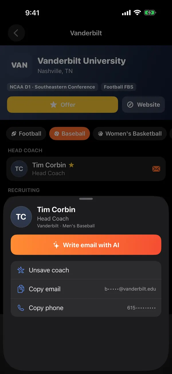 A coach's page in CoachReach with the Write email with AI button