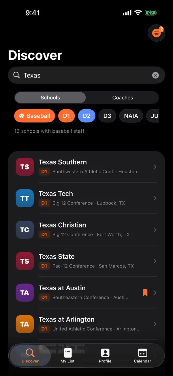 CoachReach Discover screen listing Texas colleges with baseball staff