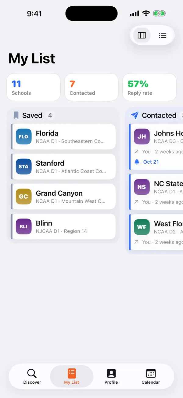 CoachReach My List screen: saved schools such as Florida, Stanford, Grand Canyon and Blinn in one column and contacted programs in the next, with a count of schools, contacts and replies at the top.